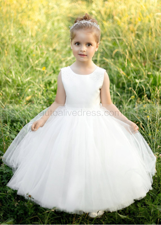 Beaded Shoulders Satin Tulle Classic Flower Girl Dress